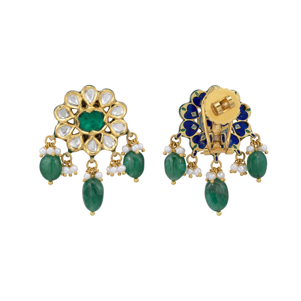 Green Talaf Floral Studs with Polkis, Emerald and Pearls